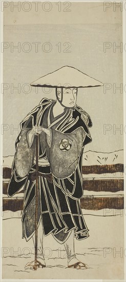The Actor Bando Mitsugoro I as Abbot Saimyo-ji Tokiyori, Disguised as a Monk, in the Joruri Onna Hachi no Ki (A Female Version of The Potted Trees) from Part Two of the Play Onna Aruji Hatsuyuki no Sekai (A Woman as Master: The World of the First Snow), Performed at the Morita Theater from the First Day of the Eleventh Month, 1773, c. 1773, Katsukawa Shunsho ?? ??, Japanese, 1726-1792, Japan, Color woodblock print, hosoban, 31.2 x 13.5 cm (12 5/16 x 5 5/16 in.)