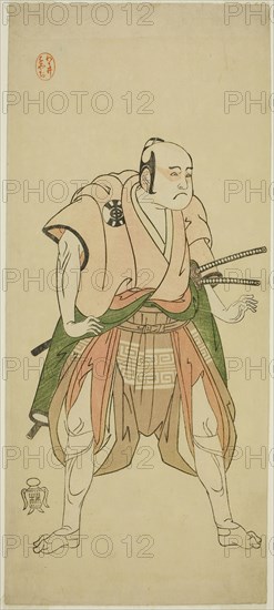 The Actor Bando Sampachi I as Yawata no Saburo (?) in the Play Shuen Soga Omugaeshi (?), Performed at the Ichimura Theater (?) in the Second Month, 1768 (?), c. 1768, Katsukawa Shunsho ?? ??, Japanese, 1726-1792, Japan, Color woodblock print, hosoban, probably one sheet of a five-sheet print, 32.7 x 14.3 cm (12 7/8 x 5 5/8 in.)