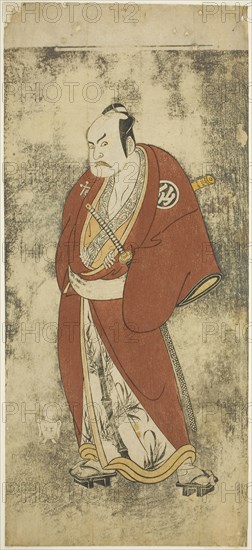 The Actor Nakamura Sukegoro II as Kaminari Shokuro in the Joruri Gonin Otoko (Five Chivalrous Commoners), Played as One Act in the Ayatsuri Kabuki Ogi (Mastery of the Fan in Kabuki), Performed at the Nakamura Theater from the Twentieth Day of the Seventh Month, 1768, c. 1768, Attributed to Katsukawa Shunsho ?? ??, Japanese, 1726-1792, Japan, Color woodblock print, hosoban, one sheet of pentaptych, 31 x 14 cm (12 3/16 x 5 1/2 in.)
