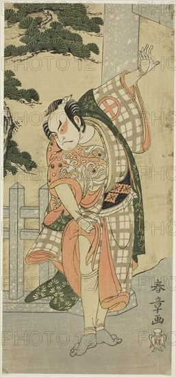 The Actor Otani Hiroji III in a Stage Pose (Mie) before a Shrine Gateway, c. 1769/1770, Katsukawa Shunsho ?? ??, Japanese, 1726-1792, Japan, Color woodblock print, hosoban, 31.1 x 14.4 cm (12 1/4 x 5 5/8 in.)