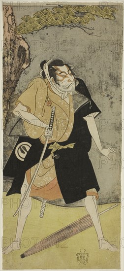 The Actor Sawamura Sojuro II as an Outlaw, c. 1769, Attributed to Katsukawa Shunsho ?? ??, Japanese, 1726-1792, Japan, Color woodblock print, hosoban, from a multisheet composition (?), 31.8 x 14.5 cm (12 1/2 x 5 11/16 in.)