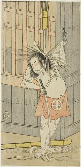 The Actor Otani Hiroji III, Possibly as Akaneya Hanshichi in the Play Fuji no Yuki Kaikei Soga (Snow on Mt. Fuji: The Soga Vendetta), Performed at the Ichimura Theater from the Fifteenth Day of the First Month, 1770, c. 1770, Attributed to Katsukawa Shunsho ?? ??, Japanese, 1726-1792, Japan, Color woodblock print, hosoban, 31.5 x 15.2 cm (12 6/16 x 6 in.)