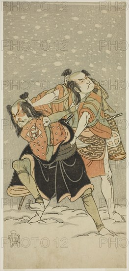 The Actors Otani Hiroji III as Kameo (right), and Sakata Sajuro I as Ario (left), in the Play Hime Komatsu Ne no Hi Asobi, Performed at the Ichimura Theater in the Ninth Month, 1768, c. 1768, Attributed to Katsukawa Shunsho ?? ??, Japanese, 1726-1792, Japan, Color woodblock print, hosoban, 31.2 x 14.5 cm (12 5/16 x 5 11/16 in.)