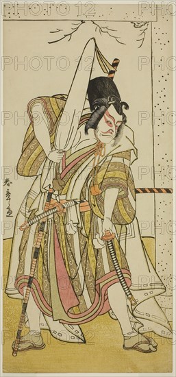 The Actor Ichikawa Ebizo III as Matsuo-maru in the Play Sugawara Denju Tenarai Kagami, Performed at the Ichimura Theater in the Seventh Month, 1776, c. 1776, Katsukawa Shunsho ?? ??, Japanese, 1726-1792, Japan, Color woodblock print, hosoban, left sheet of triptych (?), 31.1 x 14.4 cm (12 1/4 x 5 11/16 in.)