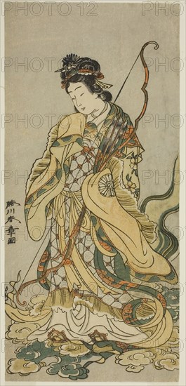 The Actor Nakamura Noshio I as the Goddes Benzaiten of Enoshima in the Play Onno Aruji Hatsuyuki no Sekai, Performed at the Morita Theater in the Eleventh Month, 1773, c. 1773, Katsukawa Shunsho ?? ??, Japanese, 1726-1792, Japan, Color woodblock print, hosoban, 29.4 x 13.6 cm (11 9/16 x 5 3/8 in.)
