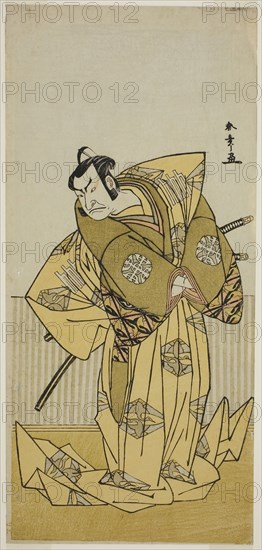 The Actor Nakamura Nakazo I as Kudo Sukestune (?) in the Play Kokimazete Takao Soga (?), Performed at the Ichimura Theater (?) in the Second Month, 1778, c. 1778, Katsukawa Shunsho ?? ??, Japanese, 1726-1792, Japan, Color woodblock print, hosoban, from a multisheet composition, 32.2 x 15.1 cm (12 11/16 x 5 15/16 in.)