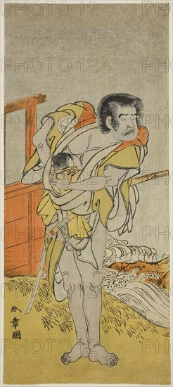 The Actor Otani Tomoemon I as Kasahari Hokkyo in the Play Kazoe Uta Ta Ue Soga, Performed at the Nakamura Theater in the First Month, 1776, c. 1776, Katsukawa Shunsho ?? ??, Japanese, 1726-1792, Japan, Color woodblock print, hosoban, left sheet of diptych, 32.1 x 13.9 cm (12 5/8 x 5 1/2 in.)