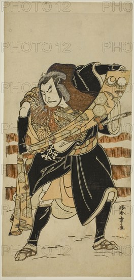 The Actor Nakamura Nakazo I as Abe no Sadato (?) in the Play Date Nishiki Tsui no Yumitori (?), Performed at the Morita Theater (?) in the Eleventh Month, 1778 (?), c. 1778, Katsukawa Shunsho ?? ??, Japanese, 1726-1792, Japan, Color woodblock print, hosoban, 32.3 x 15.3 cm (12 11/16 x 6 in.)