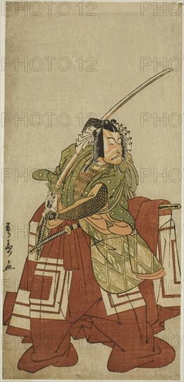 The Actor Ichikawa Danjuro V as Arakawa Taro in the Play Date Nishiki Tsui no Yumitori, Performed at the Morita Theater in the Eleventh Month, 1778, c. 1778, Katsukawa Shunsho ?? ??, Japanese, 1726-1792, Japan, Color woodblock print, hosoban, 29.9 x 14 cm (11 3/4 x 5 1/2 in.)
