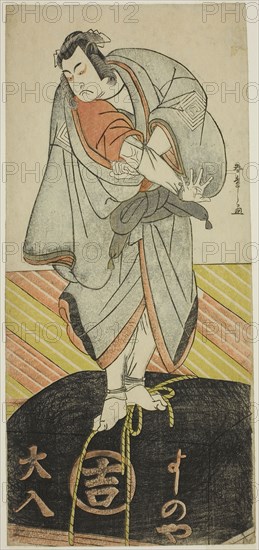 The Actor Ichikawa Monnosuke II as the Pilgrim Kakuzan in the Play Shitenno Tonoi no Kisewata, Performed at the Nakamura Theater in the Eleventh Month, 1781, c. 1781, Katsukawa Shunsho ?? ??, Japanese, 1726-1792, Japan, Color woodblock print, hosoban, 32.1 x 14.4 cm (12 5/8 x 5 11/16 in.)