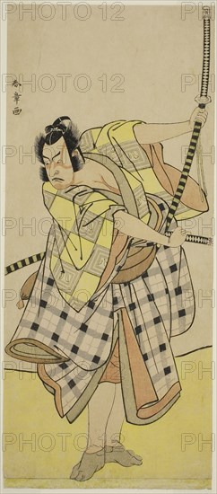 The Actor Ichikawa Yaozo II as Sakura-maru in the Play Sugawara Denju Tenarai Kagami, Performed at the Ichimura Theater in the Seventh Month, 1776, c. 1776, Katsukawa Shunsho ?? ??, Japanese, 1726-1792, Japan, Color woodblock print, hosoban, left sheet of triptych, 31.2 x 13.4 cm (12 5/16 x 5 1/4 in.)