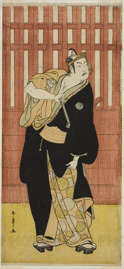 The Actor Ichimura Uzaemon IX as Soga no Goro Tokimune Disguised as Agemaki no Sukeroku in the Play Sukeroku Yukari no Edo-zakura, Performed at the Ichimura Theater in the Fifth Month, 1782, c. 1782, Katsukawa Shunsho ?? ??, Japanese, 1726-1792, Japan, Color woodblock print, hosoban, from a pentaptych (?), 32.2 x 14.8 cm (12 11/16 x 5 13/16 in.)