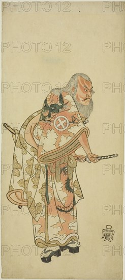 The Actor Otani Hiroemon III as Hige no Ikyu in the scene Sukeroku in the play Hitokidori Harutsuge Soga (The Soga Play: Announcement of the Spring Season by the Bush Warbler), c. 1764, Katsukawa Shunsho ?? ??, Japanese, 1726-1792, Japan, Color woodblock print, hosoban, left sheet of diptych (?), 33.8 x 14.5 cm (13 x 5 5/8 in.)