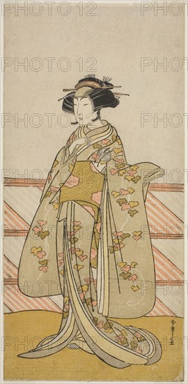 The Actor Yoshizawa Iroha I as Tamamo no Mae (?) in the Play Sakuya Kono Hana no Kaomise (?), Performed at the Nakamura Theater (?) in the Eleventh Month, 1776 (?), c. 1776, Katsukawa Shunsho ?? ??, Japanese, 1726-1792, Japan, Color woodblock print, hosoban, from a multisheet composition, 31.7 x 14.4 cm (12 1/2 x 5 11/16 in.)
