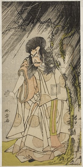 The Actor Ichikawa Ebizo III as the Thunder God, an Incarnation of Sugawara Michizane, in the Play Sugawara Denju Tenarai Kagami, Performed at the Ichimura Theater in the Eighth Month, 1776, c. 1776, Katsukawa Shunsho ?? ??, Japanese, 1726-1792, Japan, Color woodblock print, hosoban, 28.8 x 13.8 cm (11 5/16 x 5 7/16 in.)