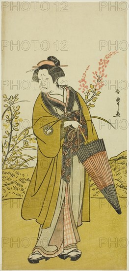 The Actor Otani Tomoemon I as Otsuma in the Play Kabuki no Hana Bandai Soga, Performed at the Ichimura Theater in the Fourth Month, 1781, c. 1781, Katsukawa Shunsho ?? ??, Japanese, 1726-1792, Japan, Color woodblock print, hosoban, right sheet of diptych, 31.6 x 14.5 cm (12 7/16 x 5 11/16 in.)