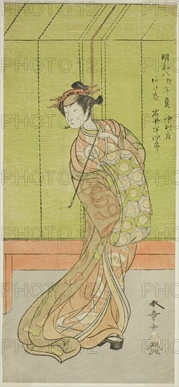 The Actor Iwai Hanshiro IV as Agemaki in the Play Sakai-cho Soga Nendaiki, Performed at the Nakamura Theater in the Third Month, 1771, c. 1771, Katsukawa Shunsho ?? ??, Japanese, 1726-1792, Japan, Color woodblock print, hosoban, from a multisheet composition, 31.7 x 14.5 cm (12 1/2 x 5 5/8 in.)