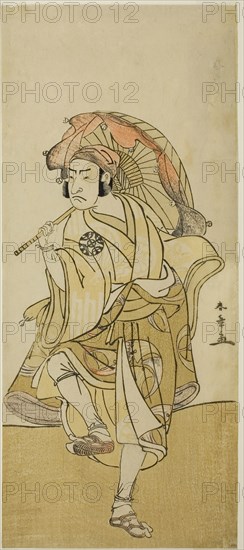 The Actor Nakamura Nakazo I as Onmaya Kisanda Disguised as the Lion Dancer Kakubei in the Play Chigo Torii Tobiiri Kitsune, Performed at the Ichimura Theater in the Eleventh Month, 1777, c. 1777, Katsukawa Shunsho ?? ??, Japanese, 1726-1792, Japan, Color woodblock print, hosoban, one sheet of a four-sheet composition, 32.8 x 14.3 cm (12 15/16 x 5 5/8 in.)