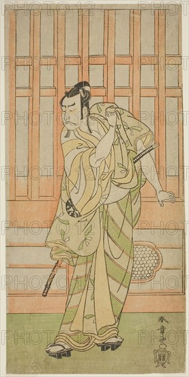 The Actor Nakamura Nakazo I as Kudo Saemon Suketsune (?) in the Play Sakai-cho Soga Nendaiki (?), Performed at the Nakamura Theater (?) in the First Month, 1771 (?), c. 1771, Katsukawa Shunsho ?? ??, Japanese, 1726-1792, Japan, Color woodblock print, hosoban, from a multisheet composition, 30.1 x 14.6 cm (11 7/8 x 5 3/4 in.)