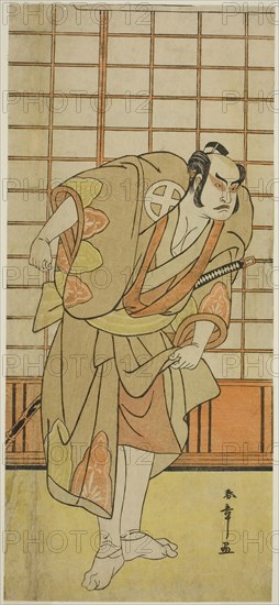 The Actor Otani Hiroji III as Hata no Daizen Taketora Disguised as Shikishima Wakahei in the Play Juni-hitoe Komachi-zakura, Performed at the Kiri Theater in the Eleventh Month, 1784, c. 1784, Katsukawa Shunsho ?? ??, Japanese, 1726-1792, Japan, Color woodblock print, hosoban, from a multisheet composition, 30.8 x 13.8 cm (12 1/8 x 5 7/16 in.)