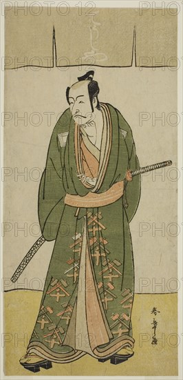 The Actor Ichikawa Danjuro V as Gokuin Sen’emon in the Play Hatsumombi Kuruwa Soga, Performed at the Nakamura Theater in the Second Month, 1780, c. 1780, Katsukawa Shunsho ?? ??, Japanese, 1726-1792, Japan, Color woodblock print, hosoban, center sheet of pentaptych, 30.6 x 14.5 cm (12 1/16 x 5 11/16 in.)