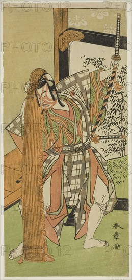 The Actor Ichikawa Yaozo II as Yoshimine no Munesada in the Play Kuni no Hana Ono no Itsumoji, Performed at the Nakamura Theater in the Eleventh Month, 1771, c. 1771, Katsukawa Shunsho ?? ??, Japanese, 1726-1792, Japan, Color woodblock print, hosoban, right sheet of diptych (?), 31.4 x 14.2 cm (12 3/8 x 5 9/16 in.)
