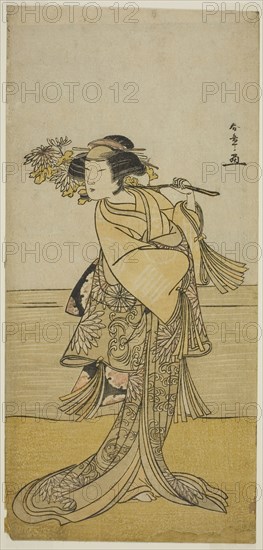 The Actor Nakamura Tomijuro I as a Female Fox from Mt. Ubagadake in the Play Chigo Torii Tobiiri Kitsune, Performed at the Ichimura Theater in the Eleventh Month, 1777, c. 1777, Katsukawa Shunsho ?? ??, Japanese, 1726-1792, Japan, Color woodblock print, hosoban, 31.4 x 14.9 cm (12 3/8 x 5 7/8 in.)