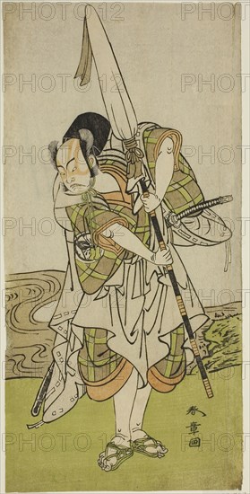 The Actor Nakamura Juzo II as Asahara Hachiro Disguised as the Servant of a Princely Family, in the Play Onna Aruji Hatsuyuki no Sekai, Performed at the Morita Theater in the Eleventh Month, 1773, c. 1773, Katsukawa Shunsho ?? ??, Japanese, 1726-1792, Japan, Color woodblock print, hosoban, 30.2 x 14.8 cm (11 7/8 x 5 13/16 in.)