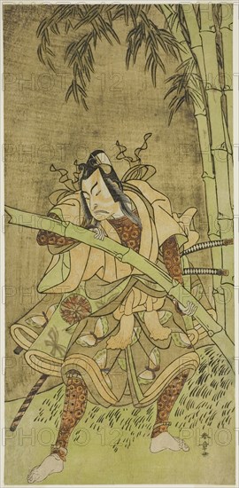 The Actor Nakamura Tomijuro I as Takenuki Goro in the Play Eho Soga Nen-nen-goyomi, Performed at the Morita Theater in the First Month, 1771, c. 1771, Katsukawa Shunsho ?? ??, Japanese, 1726-1792, Japan, Color woodblock print, hosoban, 28.7 x 13.9 cm (11 1/4 x 5 5/16 in.)