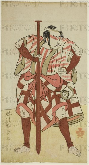 The Actor Kasaya Matakuro II as the Boatman Rokuzo in an Unidentified Play, Performed at the Morita Theater in the Fifth Month, 1770, c. 1772, Katsukawa Shunsho ?? ??, Japanese, 1726-1792, Japan, Color woodblock print, hosoban, illustration from the later edition of the book Ehon Butai Ogi, 27.7 x 15 cm (10 7/8 x 5 7/8 in.) (trimmed)