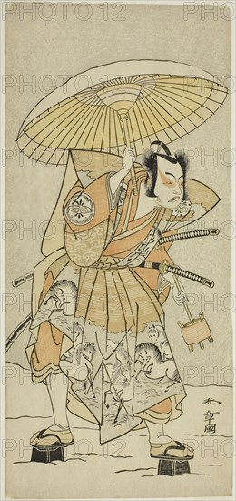 The Actor Nakamura Juzo II as Kajiwara Genta Kagetoki in the Play Izu-goyomi Shibai no Ganjitsu, Performed at the Morita Theater in the Eleventh Month, 1772, c. 1772, Katsukawa Shunsho ?? ??, Japanese, 1726-1792, Japan, Color woodblock print, hosoban, left sheet of a multisheet composition (?), 31.2 x 14.4 cm (12 1/4 x 5 5/8 in.)
