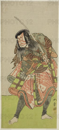 The Actor Nakamura Tomijuro I as Akushichibyoe Kagekiyo in the Play Kite Hajime Hatsugai Soga, Performed at the Morita Theater in the First Month, 1774, c. 1774, Katsukawa Shunsho ?? ??, Japanese, 1726-1792, Japan, Color woodblock print, hosoban, right sheet of diptych (?), 31.3 x 14.2 cm (12 5/16 x 5 9/16 in.)