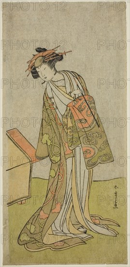 The Actor Iwai Hanshiro IV as the courtesan Agemaki in the play Sukeroku Yukari no Hatsu-zakura, performed at the Ichimura Theater in the third month, 1776, c. 1776, Katsukawa Shunsho ?? ??, Japanese, 1726-1792, Japan, Color woodblock print, center sheet of hosoban triptych, 12 3/8 x 6 in.