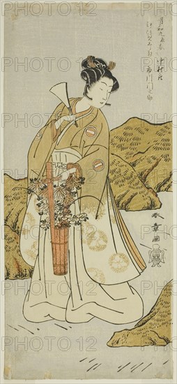 The Actor Ichikawa Monnosuke II as Shira-giku, a Temple Page, In the Play Haru wa Soga Akebono-zoshi, Performed at the Nakamura Theater in the First Month, 1772, c. 1772, Katsukawa Shunsho ?? ??, Japanese, 1726-1792, Japan, Color woodblock print, hosoban, 32 x 14.4 cm (12 5/8 x 5 5/8 in.)