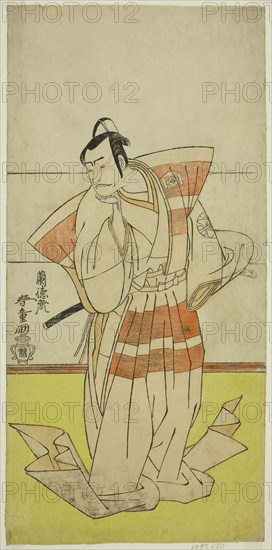The Actor Nakamura Nakazo I as Kudo Suketsune in the Play Edo no Fuji Wakayagi Soga, Performed at the Nakamura Theater in the First Month, 1789, c. 1789, Rantokusai Shundo, Japanese, active c. 1770-1790, Japan, Color woodblock print, hosoban, 31.2 x 15 cm (12 5/16 x 5 7/8 in.)