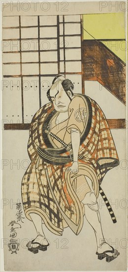 The Actor Nakamura Sukegoro II as Sasano Sangobei in Part Two of the Play Iro Moyo Aoyagi Soga (Green Willow Soga of Erotic Design), Performed at the Nakamura Theater in the Second Month, 1775, c. 1775, Rantokusai Shundo, Japanese, active c. 1770-1790, Japan, Color woodblock print, left sheet of hosoban diptych (right: 1939.852), 32.3 x 15 cm (12 5/8 x 5 7/8 in.)