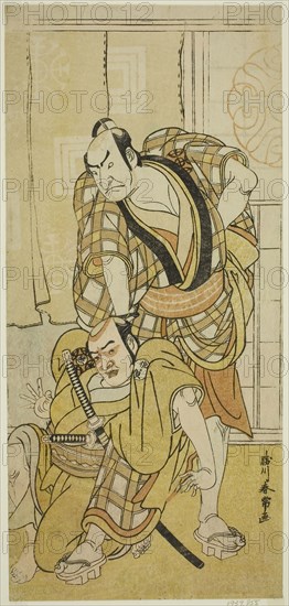 The Actors Nakamura Nakazo I as Tenjiku Tokubei (?) (right) and Bando Kumajuro as the Shopman Dempachi (?) (left), in the Play Keisei Katabira ga Tsuji (?), Performed at the Ichimura Theater (?) in the Eighth Month, 1783 (?), c. 1783, Katsukawa Shunjo, Japanese, died 1787, Japan, Color woodblock print, hosoban, 30.2 x 14.1 cm (11 7/8 x 5 9/16 in.)