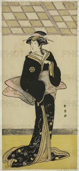 The Actor Nakamura Riko I as Lady Manko (Manko Gozen) (?) in the Play Soga Musume Choja (?), Performed at the Nakamura Theater (?) in the First Month, 1784 (?), c. 1784, Katsukawa Shunjo, Japanese, died 1787, Japan, Color woodblock print, hosoban, 32.5 x 14.8 cm (12 13/16 x 5 13/16 in.)
