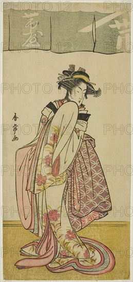 The Actor Segawa Kikunojo III as Shinanoya Ohan in the Play Kabuki no Hana Bandai Soga, Performed at the Ichimura Theater in the Third Month, 1781, c. 1781, Katsukawa Shunjo, Japanese, died 1787, Japan, Color woodblock print, hosoban, 31.7 x 14.6 cm (12 1/2 x 5 3/4 in.)