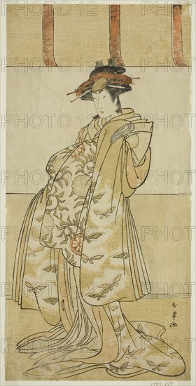The Actor Yamashita Mangiku I as Kewaizaka no Shosho in the Play Nanakusa Yosooi Soga, Performed at the Nakamura Theater in the First Month, 1782, c. 1782, Katsukawa Shunjo, Japanese, died 1787, Japan, Color woodblock print, hosoban, right sheet of triptych, 30.2 x 15 cm (11 7/8 x 5 7/8 in.)