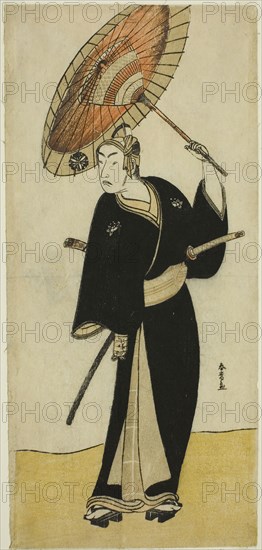 The Actor Matsumoto Koshiro IV as Sukeroku in the Play Sukeroku Yukari no Edo-zakura, Performed at the Ichimura Theater in the Sixth Month, 1782, c. 1782, Katsukawa Shunjo, Japanese, died 1787, Japan, Color woodblock print, hosoban, 31.3 x 14.7 cm (12 5/16 x 5 13/16 in.)