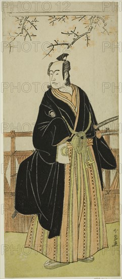 The Actor Sawamura Sojuro III as Soga no Juro Sukenari in the Play Edo no Hana Mimasu Soga, Performed at the Nakamura Theater in the First Month, 1783, c. 1783, Katsukawa Shunjo, Japanese, died 1787, Japan, Color woodblock print, hosoban, from a multisheet composition, 31.6 x 13.4 cm (12 7/16 x 5 1/4 in.)