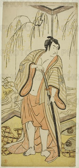 The Actor Ichikawa Monnosuke III as the Sumo Wrestler Shirafuji Genta in the Play Edo no Hana Mimasu Soga, Performed at the Nakamura Theater in the Third Month, 1783, c. 1783, Katsukawa Shunjo, Japanese, died 1787, Japan, Color woodblock print, hosoban, center sheet of triptych, 32.4 x 14.8 cm (12 3/4 x 5 13/16 in.)