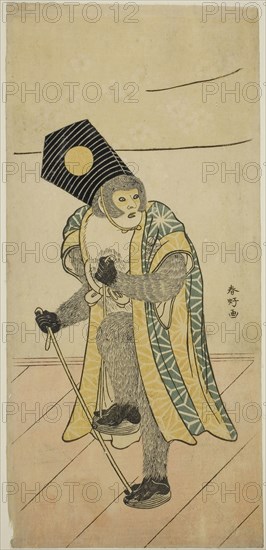 The Actor Ichimura Uzaemon IX as a Monkey in the Play Mitsu Ningyo Yayoi no Hinagata, Performed at the Nakamura Theater in the Second Month, 1785, c. 1785, Katsukawa Shunko I, Japanese, 1743-1812, Japan, Color woodblock print, hosoban, 31.8 x 14.9 cm (12 1/2 x 5 7/8 in.)