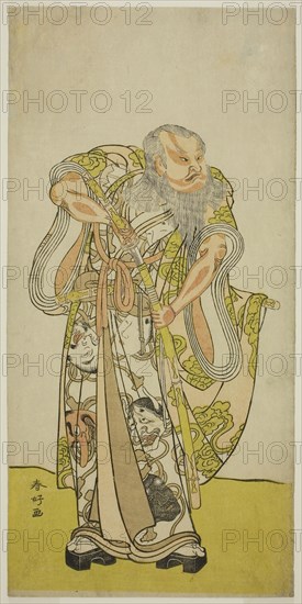 The Actor Sakata Hangoro II as Hige no Ikyu in the Play Shida Yakata Yotsugi no Hikibune, Performed at the Ichimura Theater in the Fifth Month, 1782, c. 1782, Katsukawa Shunko I, Japanese, 1743-1812, Japan, Color woodblock print, hosoban, from a multisheet composition, 31 x 15.1 cm (12 3/16 x 5 5/16 in.)