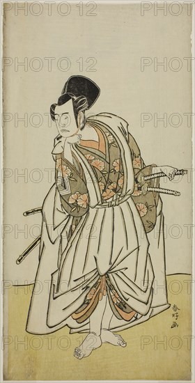 The Actor Ichikawa Yaozo II as Sakura-maru in the Play Sugawara Denju Tenarai Kagami, Performed at the Ichimura Theater in the Seventh Month, 1776, c. 1776, Katsukawa Shunko I, Japanese, 1743-1812, Japan, Color woodblock print, hosoban, from a multisheet composition, 31.1 x 15.5 cm (12 1/4 x 6 1/8 in.)