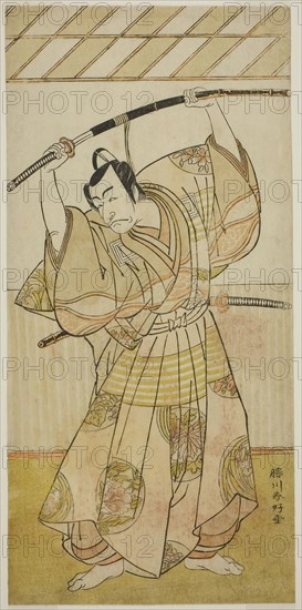 The Actor Ichikawa Danjuro V as Taira no Munekiyo (?) from the Play Kitekaeru Nishiki no Wakayaka (?), Performed at the Nakamura Theater (?) in the Eleventh Month, 1780 (?), c. 1780, Katsukawa Shunko I, Japanese, 1743-1812, Japan, Color woodblock print, hosoban, from a triptych (?), 30.5 x 14.6 cm (12 x 5 3/4 in.)
