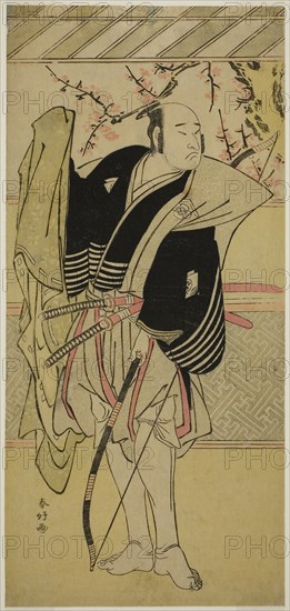 The Actor Onoe Matsusuke I as Yawata no Saburo (?) in the Play Edo no Hana Mimasu Soga (?), Performed at the Nakamura Theater (?) in the First Month, 1783 (?), c. 1783, Katsukawa Shunko I, Japanese, 1743-1812, Japan, Color woodblock print, hosoban, from a multisheet composition, 31.3 x 14.6 cm (12 5/16 x 5 3/4 in.)
