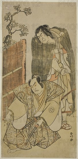 The Actors Nakamura Nakazo I as Kagekiyo Dressed as a Beggar (right), and Otani Hiroji III as Onio Shinzaemon (left), in the Play Kotobuki Banzei Soga, Performed at the Ichimura Theater in the Third Month, 1783, c. 1783, Katsukawa Shunko I, Japanese, 1743-1812, Japan, Color woodblock print, hosoban, 31 x 15 cm (12 3/16 x 5 7/8 in.)