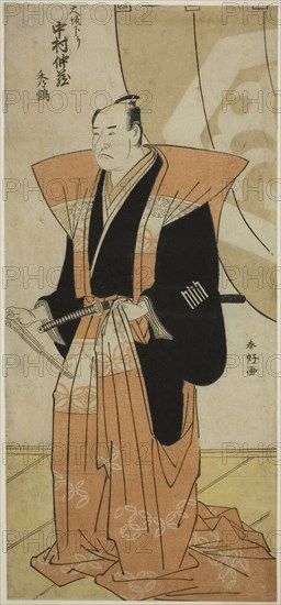The Actor Nakamura Nakazo I Greeting the Audience on His Return from Osaka, c. 1788, Katsukawa Shunko I, Japanese, 1743-1812, Japan, Color woodblock print, hosoban, 31.7 x 14.1 cm (12 1/2 x 5 9/16 in.)